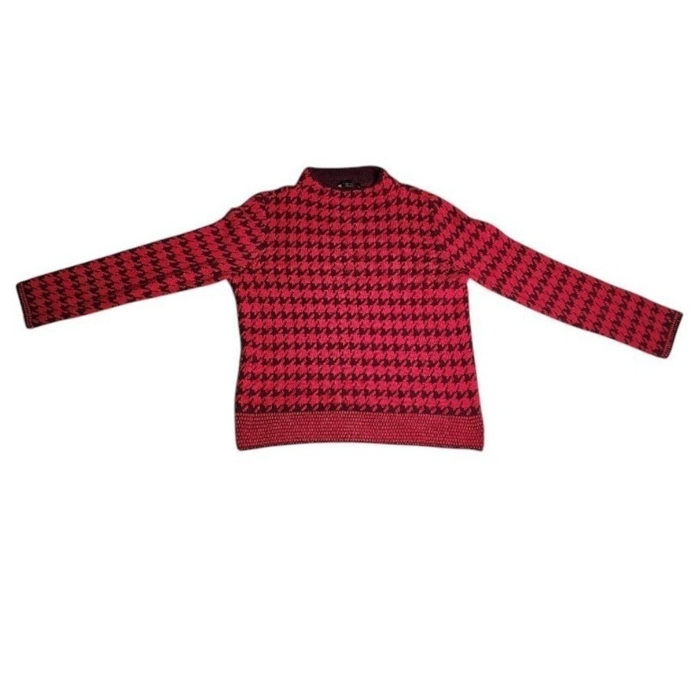 Ann Taylor Red Black Houndstooth Crew Neck Sweater Size L Cotton Blend